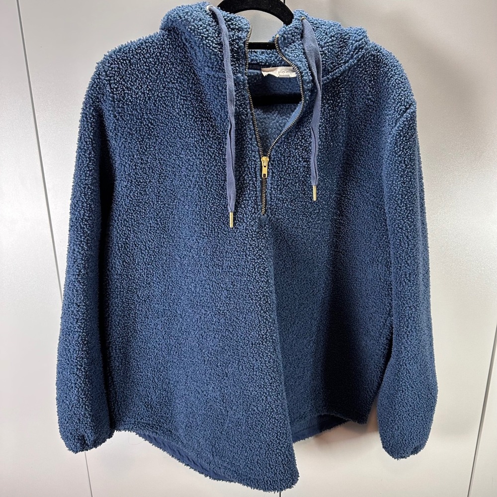 LOFT‎ Blue Sherpa Hoodie Womens Size L Gold Zipper Long Sleeve Comfy Pullover